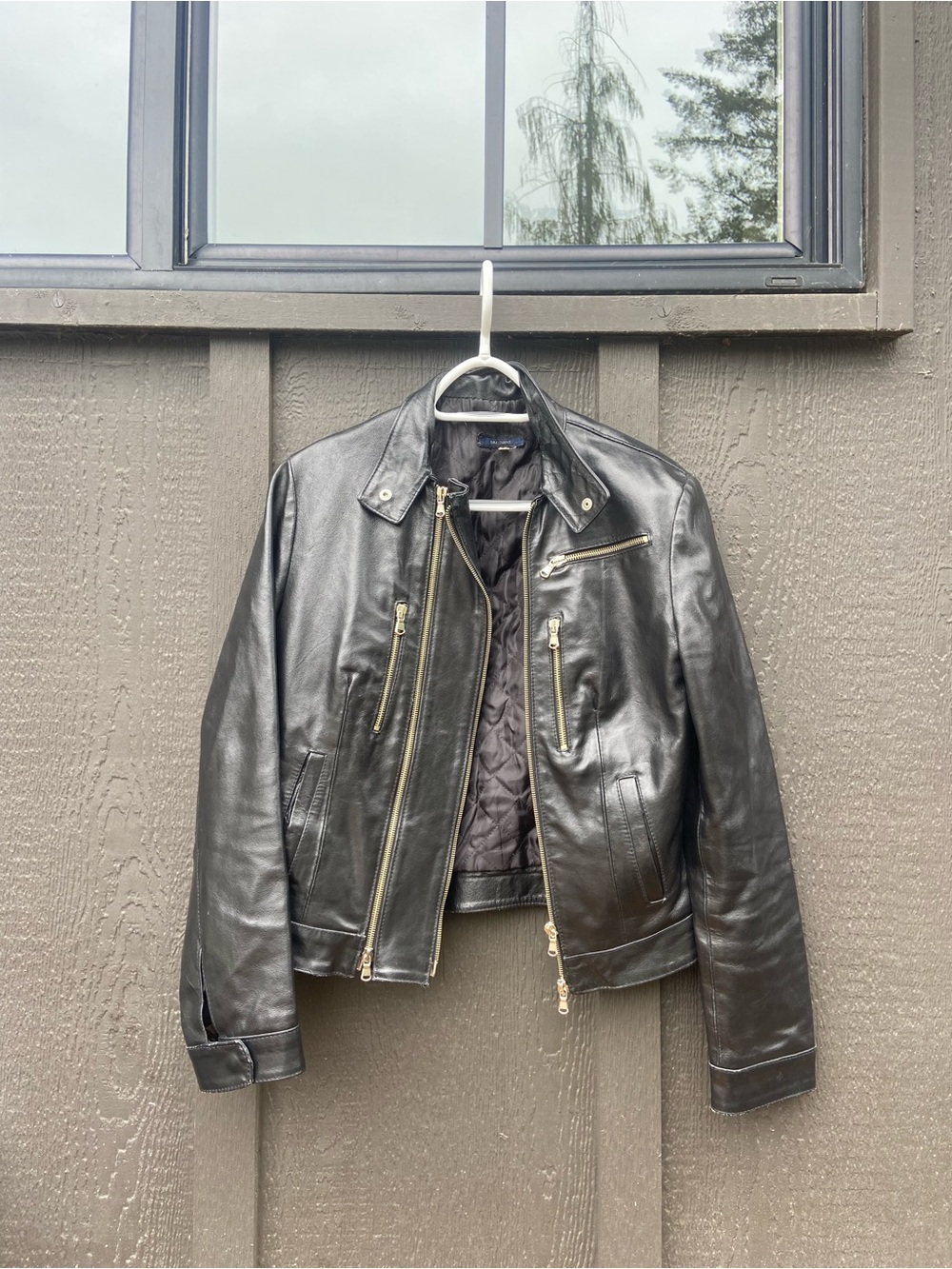 Women’s Black Faux Leather Moto Jacket with Gold Hardware